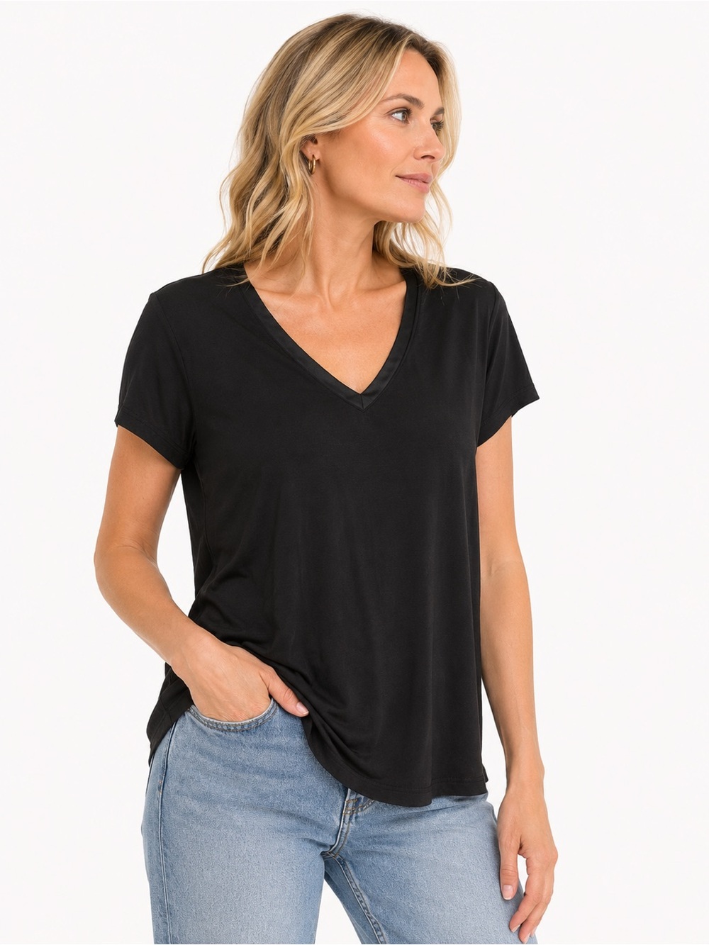 White House Black Market Black Satin Trim V Neck Tee M